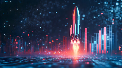 Poster - Futuristic Rocket Launch with Abstract Data Visualization and Glowing Elements in a Night Sky with Starry Background