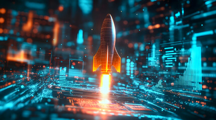 Poster - Futuristic rocket launch in vibrant digital space with glowing data flows and technological patterns in a sci-fi inspired environment