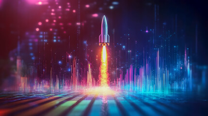 Poster - Dynamic Rocket Launch Amidst Vibrant Digital Landscape and Colorful Lights in a Futuristic Setting