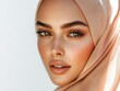 © Feri - Closeup Portrait of a Stunning Woman in Peach Hijab,  Exquisite Makeup and Soft Lighting Enhancing Natural Beauty
