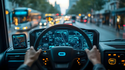 Poster - A view from inside a modern vehicle showcasing advanced technology and traffic.