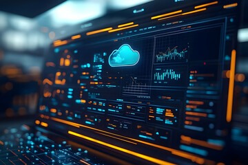 Poster - Futuristic interface displaying cloud data analytics and visualizations.