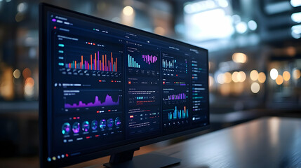 Poster - A modern monitor displaying colorful data analytics and graphs in a dimly lit environment.