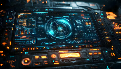 Poster - Futuristic control panel with glowing interfaces and data displays.