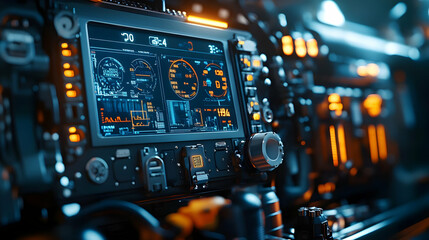 Poster - A close-up of a high-tech control panel with various gauges and illuminated buttons.