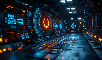Poster - Futuristic interior of a sci-fi spaceship with glowing control panels and intricate designs.