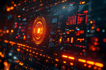 Poster - A futuristic digital interface with glowing orange and red elements, suggesting technology and data.