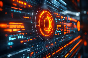 Poster - Futuristic digital interface with glowing elements and data visualization.