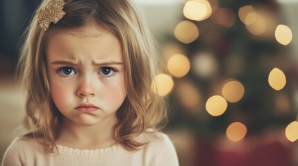 Sticker - A young girl shows a frown while surrounded by Christmas decorations and a glowing tree, revealing her unhappiness during the holidays