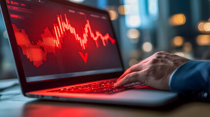 Poster - Hand on Laptop Keyboard with Red Stock Market Chart Showing Decline and Trend Analysis in Office Setting