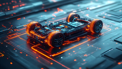 Poster - Futuristic electric vehicle chassis with glowing components on a digital backdrop.