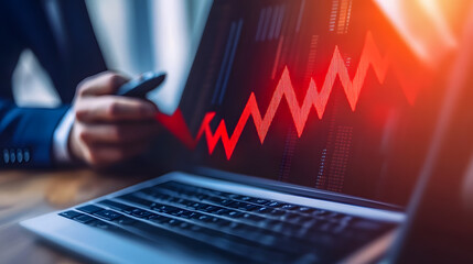 Poster - Business professional analyzing financial trends on a laptop with vibrant line graphs showing market fluctuations and data insights