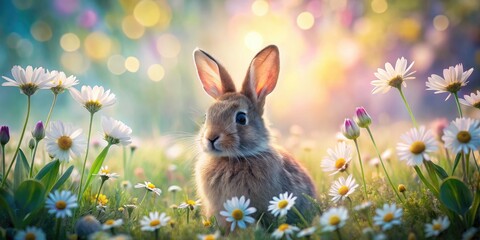 Wall Mural - Surreal double exposure: a fluffy bunny leaps through a field of ethereal daisies.