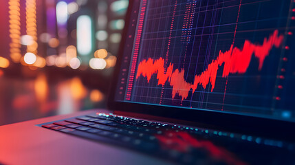 Poster - Financial Market Analysis on Laptop Screen with Red Trend Lines and Blurred City Lights in Background at Night