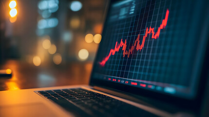 Poster - Cryptocurrency Market Growth Chart on Laptop Screen in Dimly Lit Room with Blurred Background and Warm Bokeh Lights