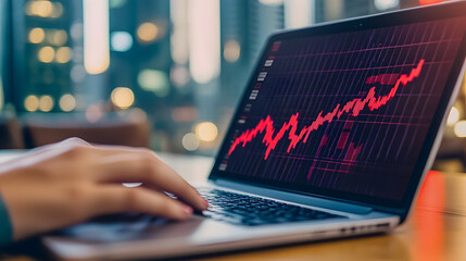 Poster - Positive stock market trend analysis on laptop screen with focus on hand in cityscape background at nighttime with glowing lights