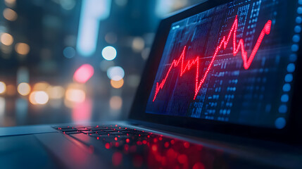 Poster - Digital Finance Data Analysis with Rising Red Graph on Laptop Screen in Urban Night Background