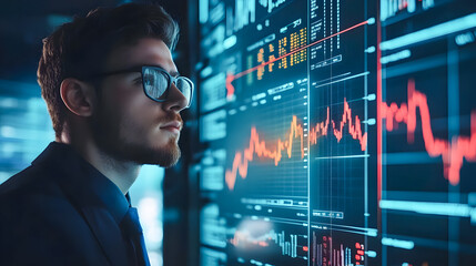 Poster - Professional working on futuristic digital trading interface with data charts and graphs in a modern financial environment
