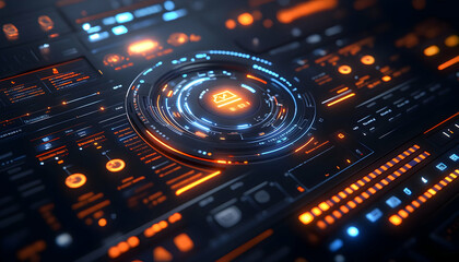 Poster - Futuristic digital interface with glowing elements and data displays.