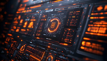 Poster - A futuristic interface with glowing orange elements, showcasing data and analytics.