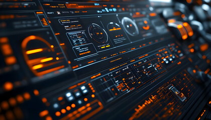 Poster - Futuristic control panel with glowing orange interfaces and data displays.