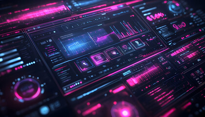 Poster - A futuristic digital interface featuring graphs, data visualizations, and neon colors.