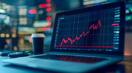 Poster - Financial Market Analysis on Laptop with Coffee Cup at Night in a Modern Office Environment