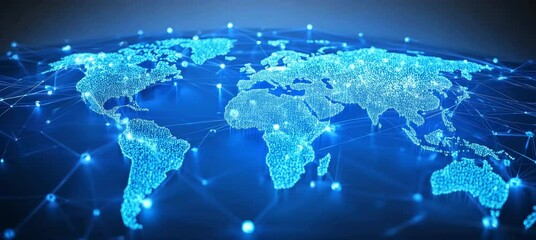 Fototapete - Digital hologram world map. Global internet network telecom and communication. Generative AI technology.	