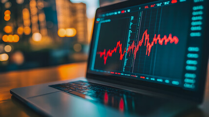 Poster - Vibrant Stock Market Data Visualization on Laptop Screen with Blurred Urban Background and Warm Bokeh Lights at Night