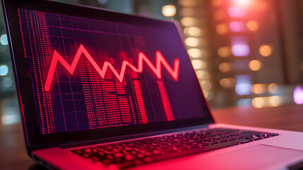 Poster - Red Graph on Laptop Screen Depicting Financial Downtrend Amid Modern Workspace Ambiance with Soft Glowing Lights