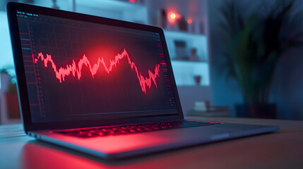 Poster - Digital data analysis on laptop with glowing red finance chart in modern workspace during nighttime, representing market fluctuations and technology trends