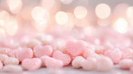 Wall Mural - Pink hearts glimmer gently against a soft background of sparkling bokeh, evoking a whimsical and romantic ambiance suitable for celebrations