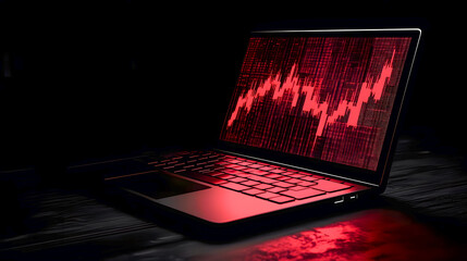 Poster - Dark Background with Laptop Displaying Red Stock Market Graph Showing Fluctuating Trend in Financial Data Analysis Environment