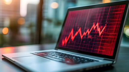 Poster - Modern Laptop Computer Displaying Stock Market Graph Trend With Red Data Analysis In Urban Office Environment
