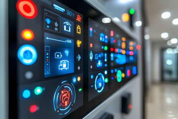 Poster - A close-up of a modern control panel featuring various digital interfaces and indicators.