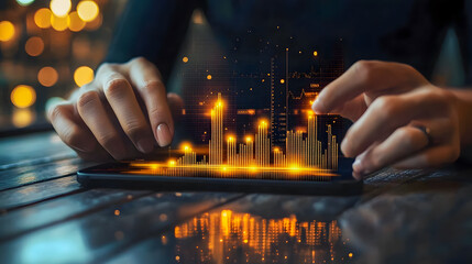 Poster - Hands Interacting with Digital Graph, Visual Data Analysis, Smart Technology Concept, Finance and Business Insights in Urban Setting