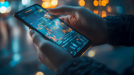 Poster - Close-Up of Hands Holding Smartphone with Financial Chart Display at Night Amidst City Lights