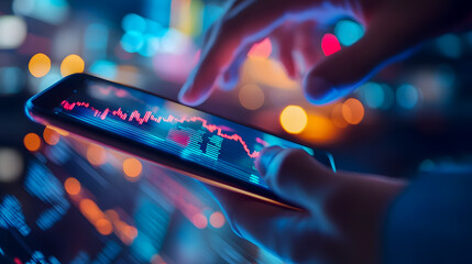 Poster - Close-Up View of a Person Using a Smartphone to Analyze Financial Data with Stock Market Graphs and Colorful Bokeh Background Effect