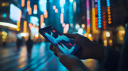Poster - Close-up of a person holding a smartphone displaying financial market data with vibrant city lights in the background at night