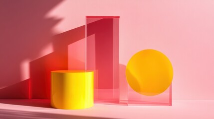 Poster - Minimalist composition of yellow geometric shapes on a pink background, with shadows creating depth and modern aesthetic.