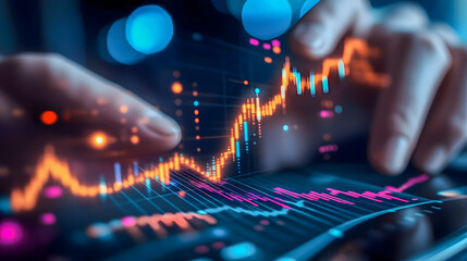 Poster - Hands Analyzing Financial Data with Colorful Graphs on Digital Screen in Modern Office Setting