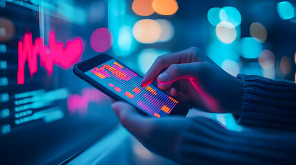 Poster - Person Using Smartphone to Analyze Data Metrics with Colorful Digital Charts and Graphs in a Modern Technology Environment