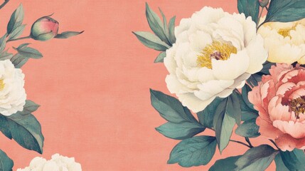 Poster - Beautiful peonies flourish against a soft pink backdrop, showcasing their delicate petals and vibrant colors, perfect for floral enthusiasts