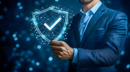 Poster - Businessman Holding Digital Shield Icon Symbolizing Cybersecurity Protection and Data Safety in Modern Technology Environment