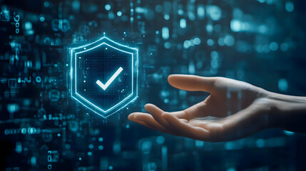 Poster - Hand Reaching Out Towards Digital Shield Icon Representing Cybersecurity Protection and Online Safeguarding from Threats in Technology Environment