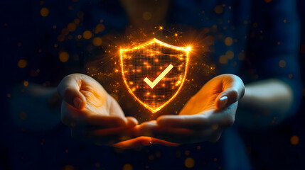 Poster - Hands Holding a Glowing Digital Shield with Checkmark Symbol for Security and Protection Concept in a Modern, Technology-Driven Environment