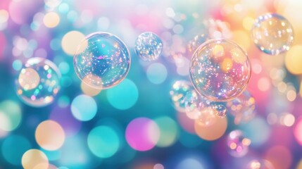 Poster - Colorful bubbles drift gently through a vibrant bokeh backdrop, casting a whimsical feeling of wonder and joy