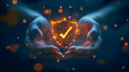 Poster - Hands Holding a Glowing Shield with a Checkmark Symbolizing Security and Protection in a Digital Environment