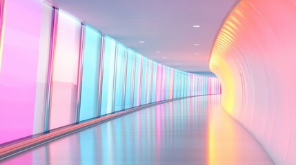 Poster - A long, curved corridor features luminous neon lights reflecting off smooth surfaces, creating a vibrant and immersive atmosphere
