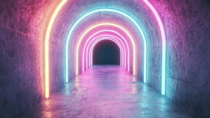 Poster - A striking tunnel showcases vivid neon lights in pink and blue, inviting exploration into a mysterious and illuminated pathway